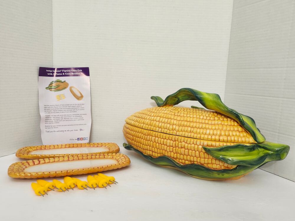 Temp-tations Figural Corn Cob Serving Set Bowl Plates Skewers